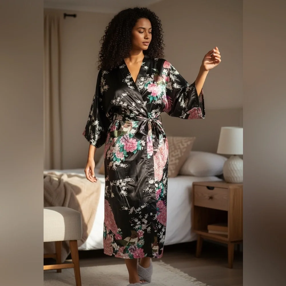 Japanese Long Kimono Robe Floral Satin Dressing Gown Retro Cherry Blossoms Pink - Picture 2 of 7